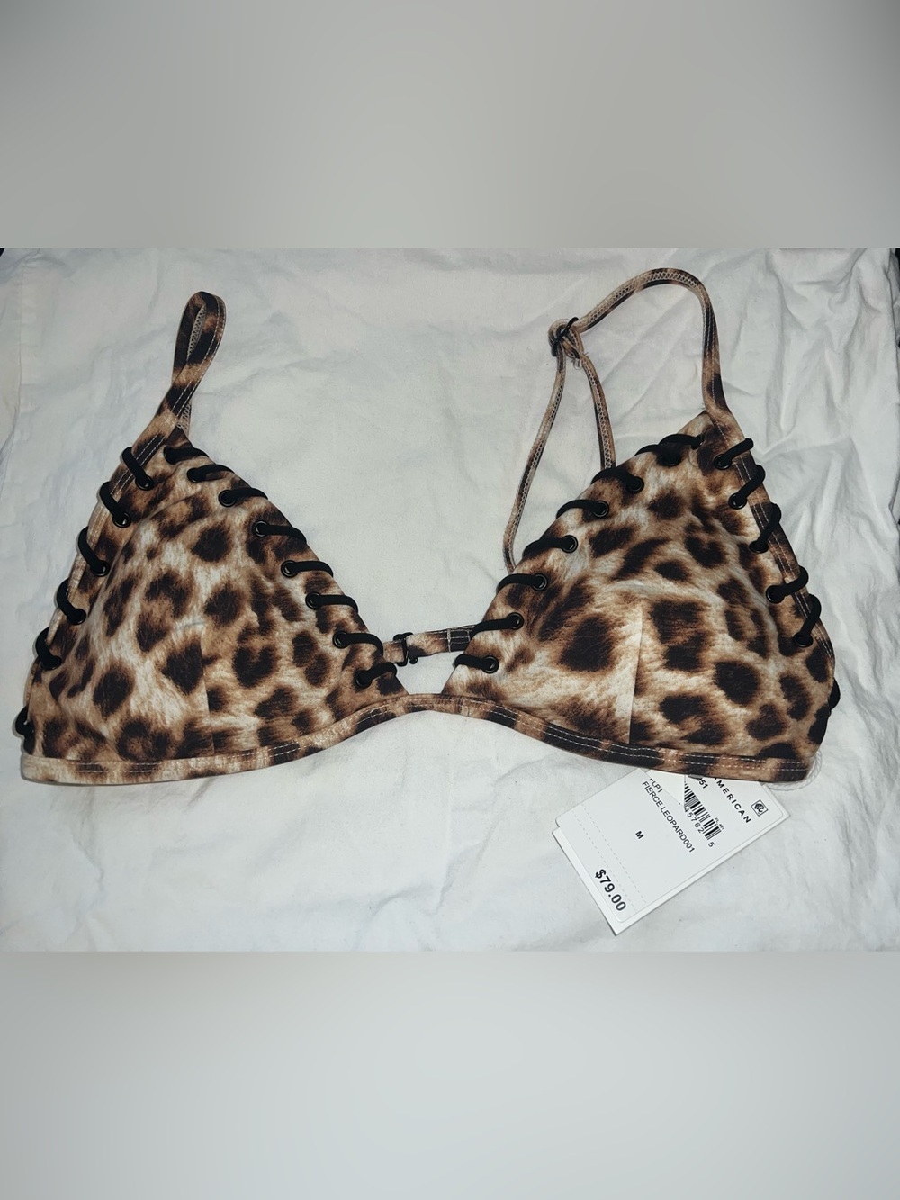 New Good American Triangle Leopard Lace Bikini Top Sz L